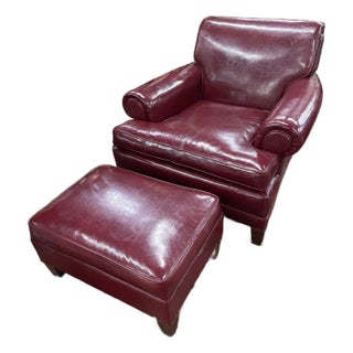 Vintage Burgundy Leather Club Chair With Matching Ottoman For Sale