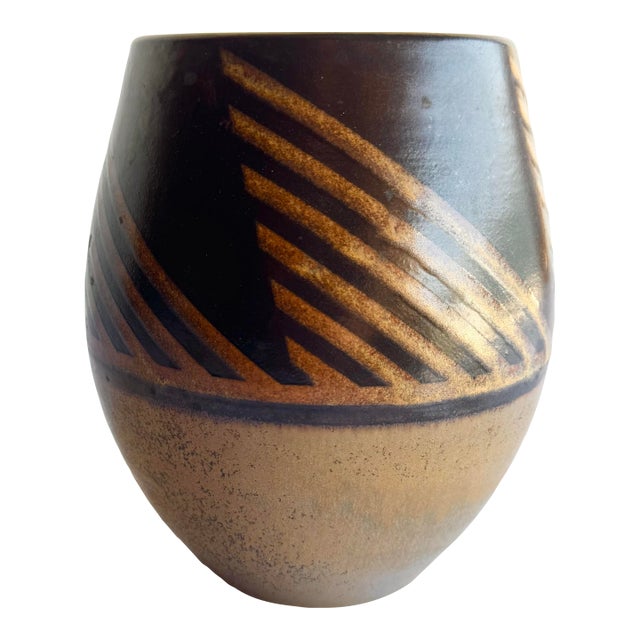 Signed Studio Pottery Vase – Handcrafted Brown Geometric Ceramic Art For Sale
