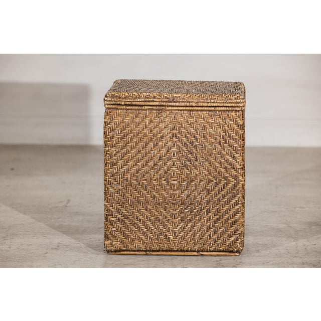 Vintage Rattan Over Wood Storage Basket with Removable Lid and Side Handles For Sale - Image 4 of 17