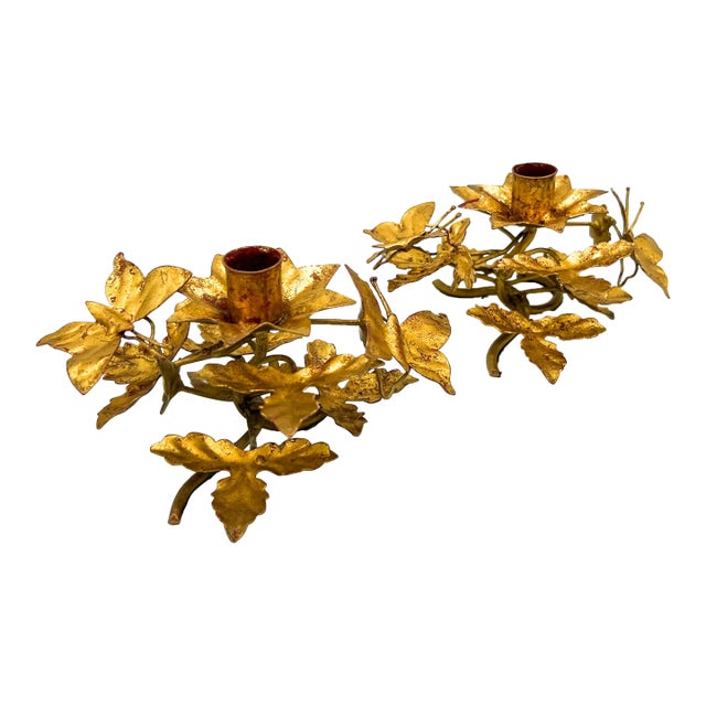 Vintage Italian Gold Gilt Tole Butterfly Candleholders, Pair, Hand-Formed Leaf & Vine Candlesticks - Hollywood Regency For Sale