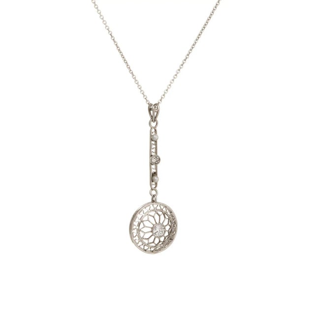 Traditional Antique Edwardian Diamond Pendant Necklace Platinum Pearl 14k Gold Vintage Fine For Sale - Image 3 of 4