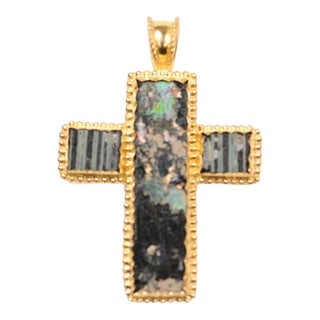 Antique A Roman Glass Cross Set in 21K gold For Sale