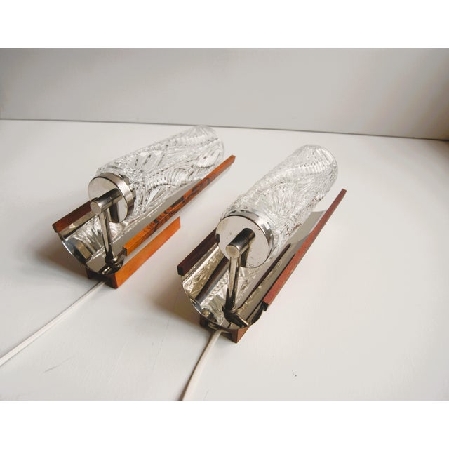 Pair of Vintage 1960s Swedish Wall Lamps - Elegant Design in Crystal Glass, Teak and Chrome For Sale - Image 12 of 12