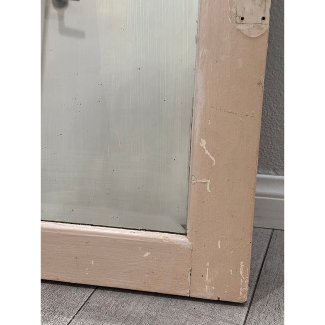 Mid 20th Century Antique Raised-Panel Farmhouse Mirror — Chippy Greige Paint, Beveled Glass, Heavy Solid Wood For Sale - Image 5 of 6