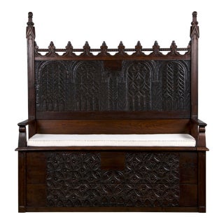 Antique French Gothic Revival Carved Oak Hall Bench W/ Cushion For Sale