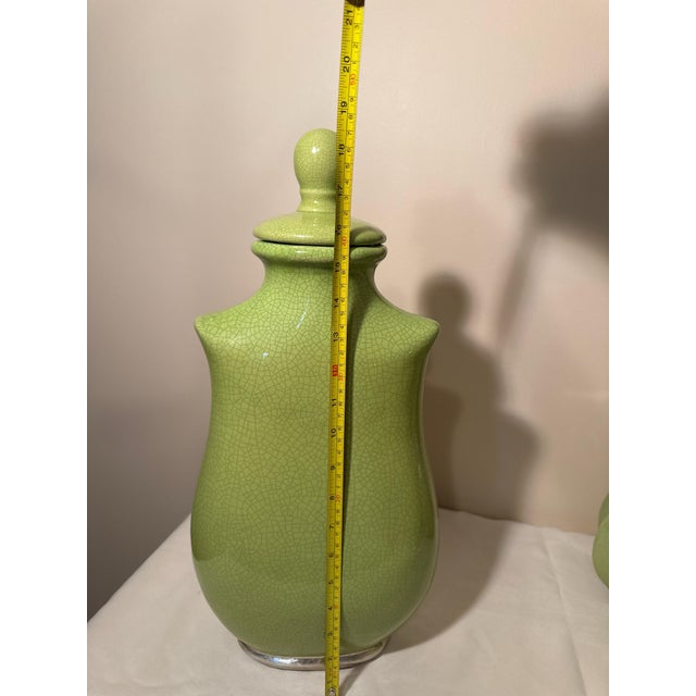 Uttermost Uttermost Hollywood Regency Chartreuse Green Crackle Glaze Lidded Urn Jars - Set of 3 For Sale - Image 4 of 9