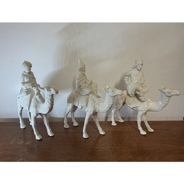 Vintage Three Wise Men on Camels Figurines Set of 3 White Ceramic Nativity Magi For Sale - Image 4 of 16