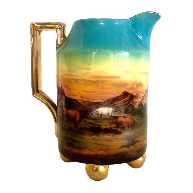Early 20th Century Highland Cattle at Sunset on an Antique Porcelain Pitcher For Sale - Image 4 of 12