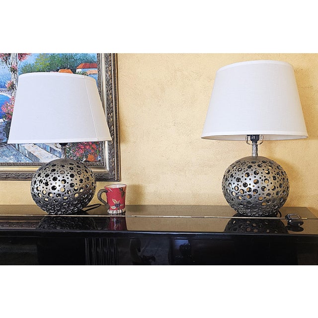 Silver Pair of Pierced Pewter Globe Table Lamps With Shades For Sale - Image 8 of 18