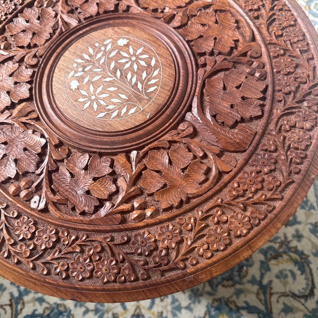 Late 20th Century Anglo Indian Sheesham Carved Wood Side Table With Inlay For Sale - Image 9 of 12
