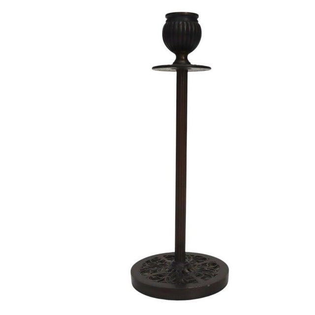 Murano Pair Arts & Crafts Patinaed Bronze Candlesticks With Murano Glass Inserts C1920 For Sale - Image 4 of 7