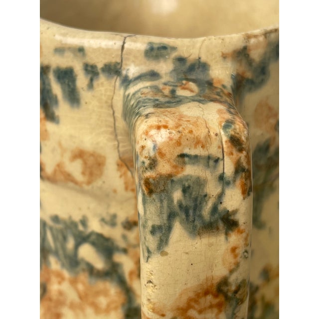 Camel 19th Century Antique Spongeware Stoneware Pitcher - Blue & Ochre Salt Glaze For Sale - Image 8 of 10