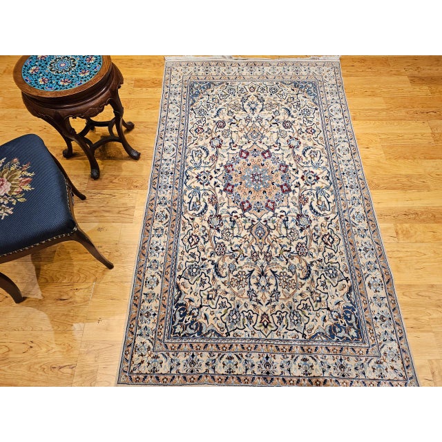 Cream Vintage Persian Nain Area Rug, Hand-Knotted Wool & Silk, Floral Pattern, 4x7, Ivory & Blue For Sale - Image 8 of 17