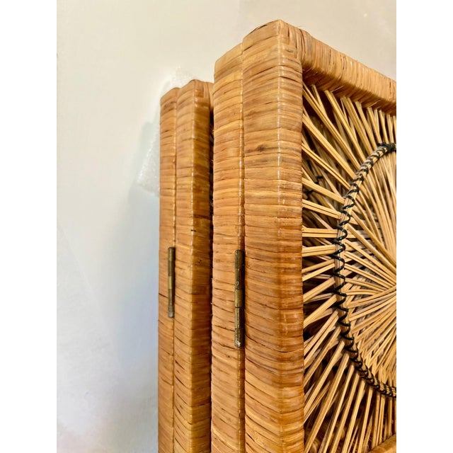 Vintage Woven Rattan Sunburst Four-Panel Room Divider Screen For Sale - Image 6 of 11