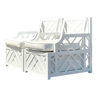 Vintage Coastal Miles Redd for Ballard Design Chinese Chippendale Lounge Chairs - a Pair For Sale