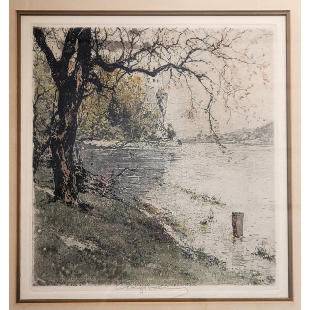 A beautiful early to mid 20th century subtlety colored etching of Persenberg Castle in Austria by listed artist Luigi...