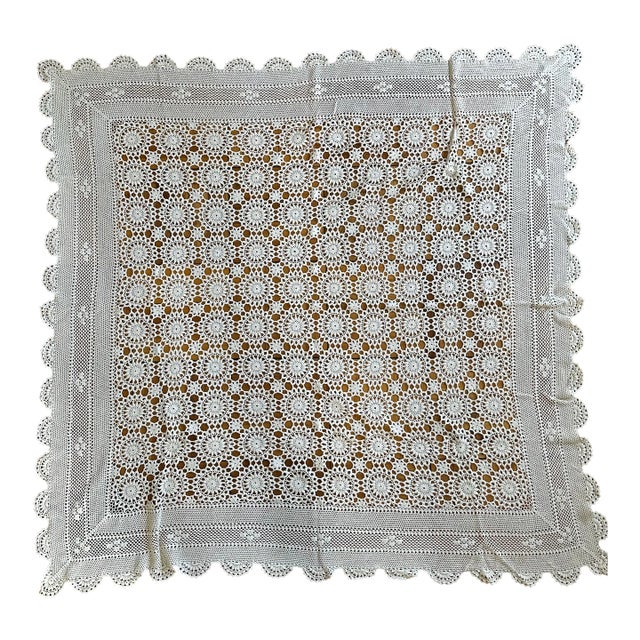 Vintage Handmade Crochet Coverlet Throw Blanket or Tablecloth Cottagecore Home Decor For Sale