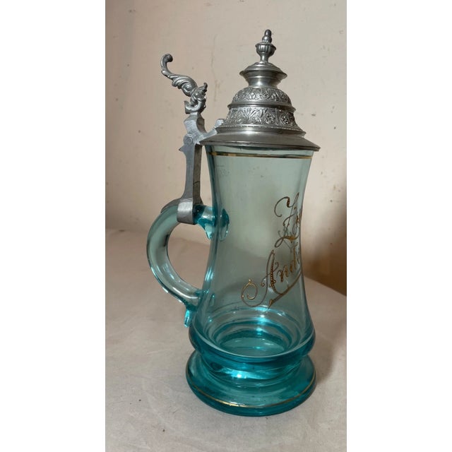 Large Antique 1800's Blown Gilt Blue Glass Pewter German Lidded Beer Stein Mug For Sale - Image 9 of 14