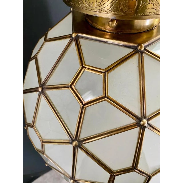 Art Deco Style Globe White Milk Glass & Brass Pendant Chandelier Lantern For Sale In New York - Image 6 of 15