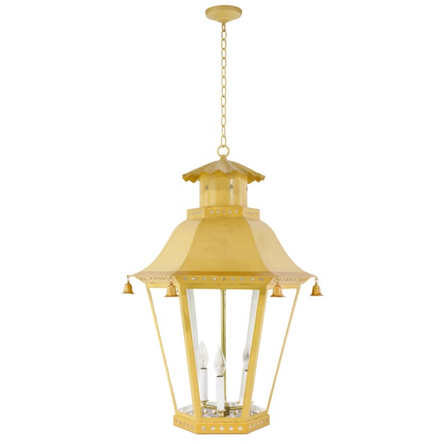 This striking vintage hanging lantern features a classic hexagonal, pagoda-inspired silhouette and is constructed from...