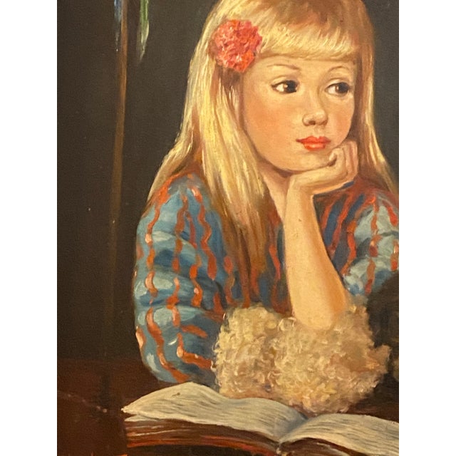 1960s Portrait Painting of Sweet Girl With Pup and Parrots For Sale In Miami - Image 6 of 10