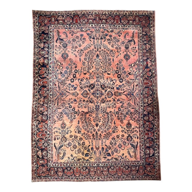 Botanical in Salmon, Coral, Pink, Blush with Deep Indigo & Peacock Blue 10.3 x 13.4 For Sale