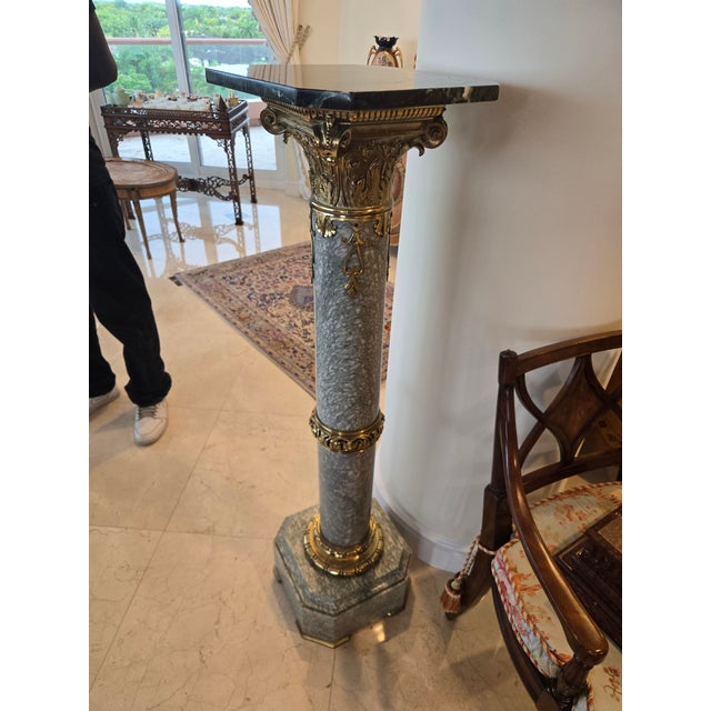 Stone Ornate French Style Louis 16th Gray Marble and Bronze Pedestal For Sale - Image 7 of 9