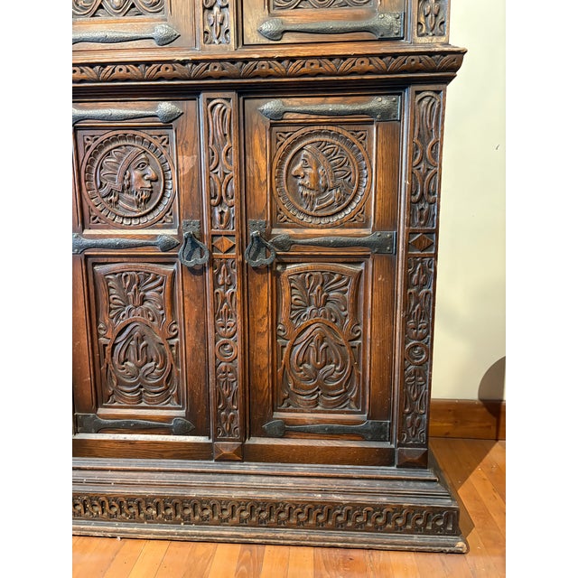 Early 20th Century Hand-Carved Gothic Revival Two-Tiered Cabinet With Iron Hardware For Sale - Image 10 of 16