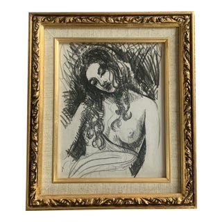 Original Vintage Charcoal Female Nude 1970’s Drawing Vintage Frame For Sale