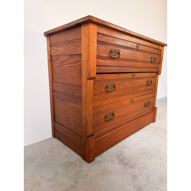 Traditional Vintage American Traditional Three Drawer Chest With Brass Handles For Sale - Image 3 of 17