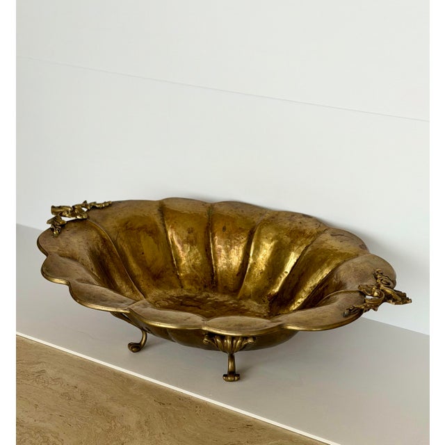 Mid-20th Century Large Scalloped & Floral Handles Brass Centerpiece Bowl For Sale In Detroit - Image 6 of 10