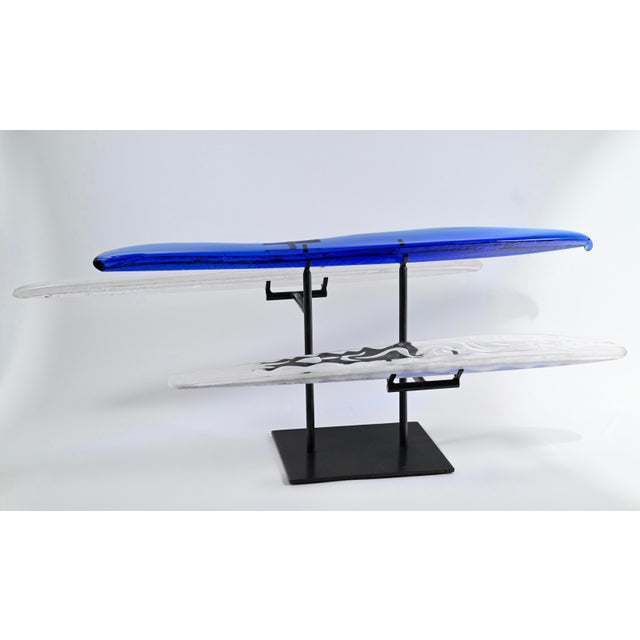 Early 21st Century Terje Lundaas Blue & White Glass Sculpture With Engravings on Tri-Level Stand, Large 31" Wide, Etch Signed - Set of 4 For Sale - Image 5 of 12