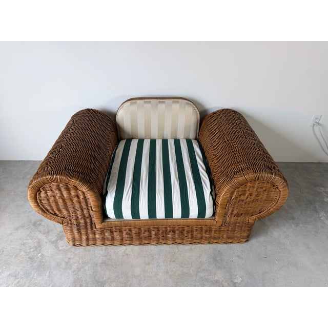 1970s 1970s Vintage Coastal Organic - Rattan Armchair With Rolled Arms & Striped Cushions For Sale - Image 5 of 15
