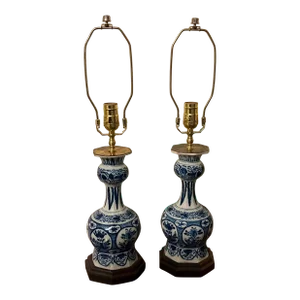 Antique 18th Century Delft Blue and White Knobble Vases in the Chinese Taste Mounted as Table Lamps - a Pair