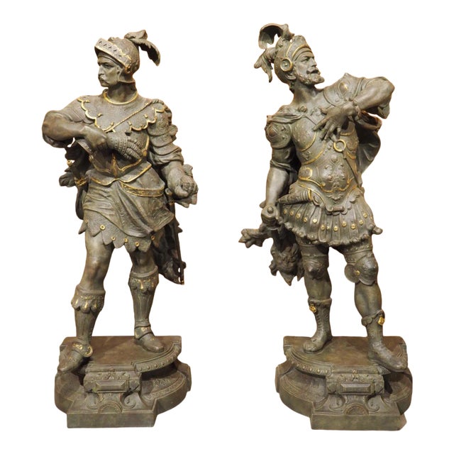 Pair of Highly Detailed Cast Antique Military Figures With Gilt Accents For Sale