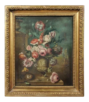 French Framed Still-Life Oil Painting Depicting a Bouquet of Flowers, circa 1850