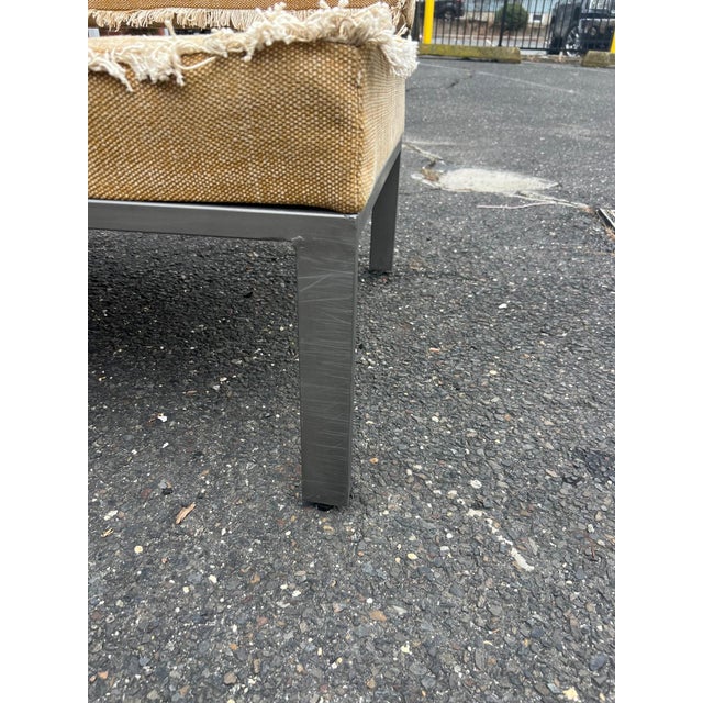 Textile Vintage Upholstered Bench With Fringed Linen For Sale - Image 7 of 8