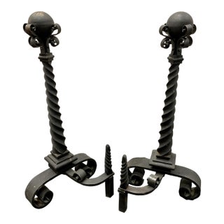 Antique Palatial-Sized Wrought Iron Andirons—A Pair. For Sale
