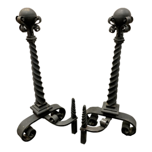 Antique Palatial-Sized Wrought Iron Andirons—A Pair.
