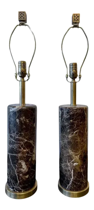 Deco Brass Base Marble Cylindrical Form Table Lamps With Finials - a Pair