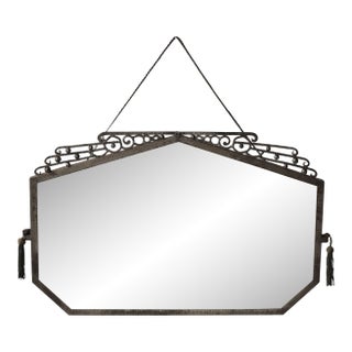 Antique Art Deco Large-Scale Silvered Wrought Iron Wall Mirror With Bullion Tassel Details in the Manner of Edgar William Brandt, Circa 1920s For Sale