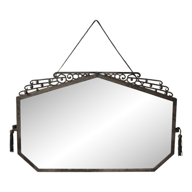 Antique Art Deco Large-Scale Silvered Wrought Iron Wall Mirror With Bullion Tassel Details in the Manner of Edgar William Brandt, Circa 1920s For Sale