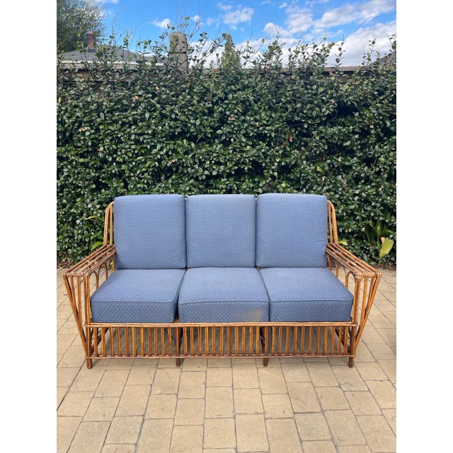 1930s Attributed to Heywood-Wakefield Stick Rattan Art Deco 3-Piece Suite (Sofa + Pair of Lounge Chairs Set) For Sale In Atlanta - Image 6 of 8