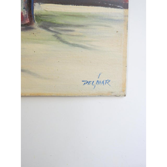 Mid 20th century oil on masonite still life painting with pink and white flowers. Signed Delmar lower right corner....