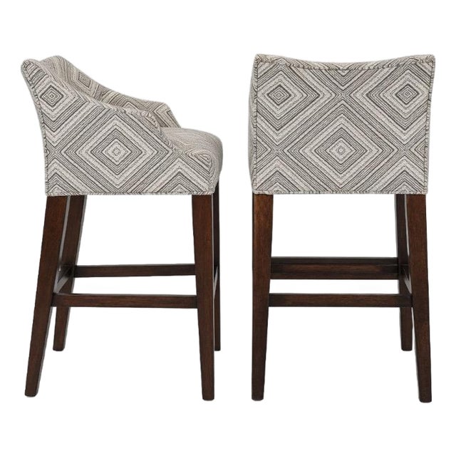 Pair of Lee Industries 5206-52 Upholstered Bar Stools With Diamond Pattern Performance Fabric For Sale