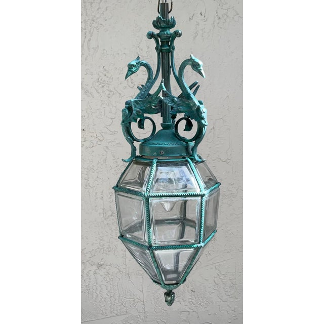 Antique Neoclassical Bronze Hanging Lantern / Pendent With Ornate Swan Motif For Sale - Image 13 of 17