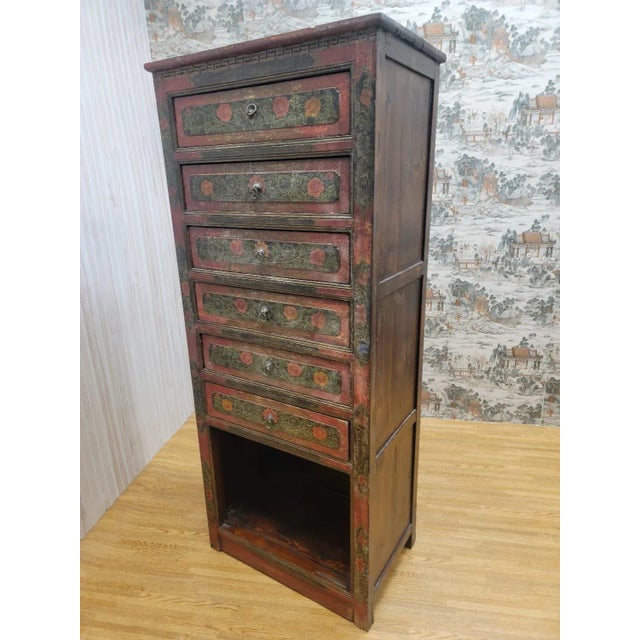 Antique Painted Tibetan Cabinet With Drawers and Display Shelf For Sale - Image 4 of 11