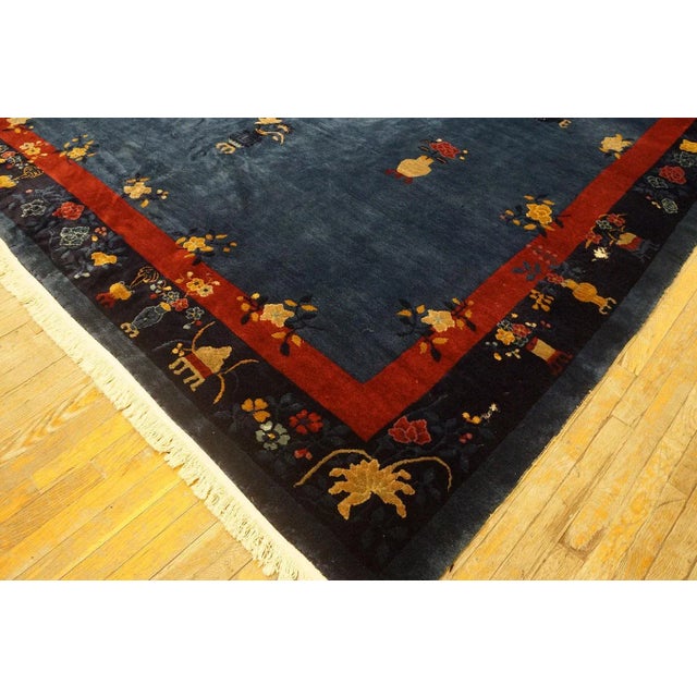 1920s Blue Vase Floral Antique Chinese Peking Rug 9' 1'' X11' 6'' Handknotted Wool Carpet For Sale - Image 9 of 9