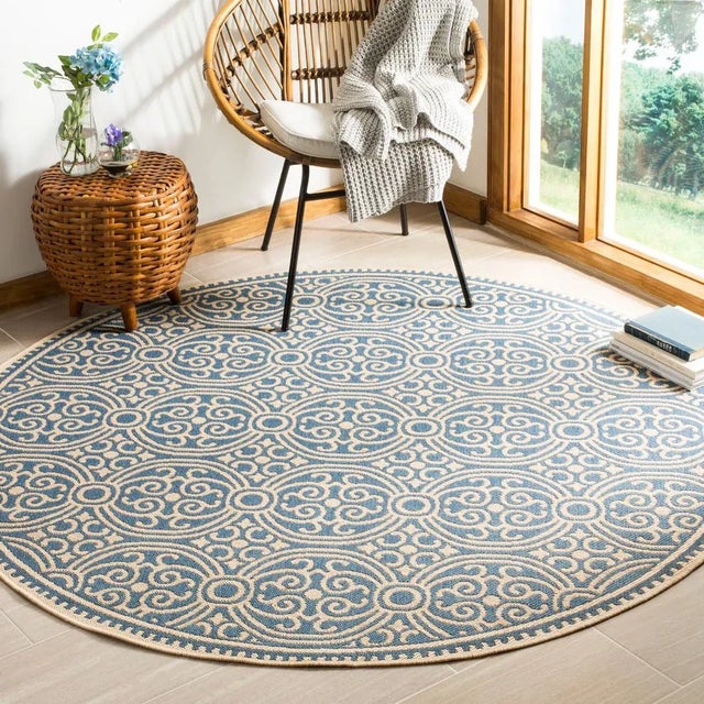 Pool House Indoor Outdoor Rug Cream & Blue 6'7" Round Chairish