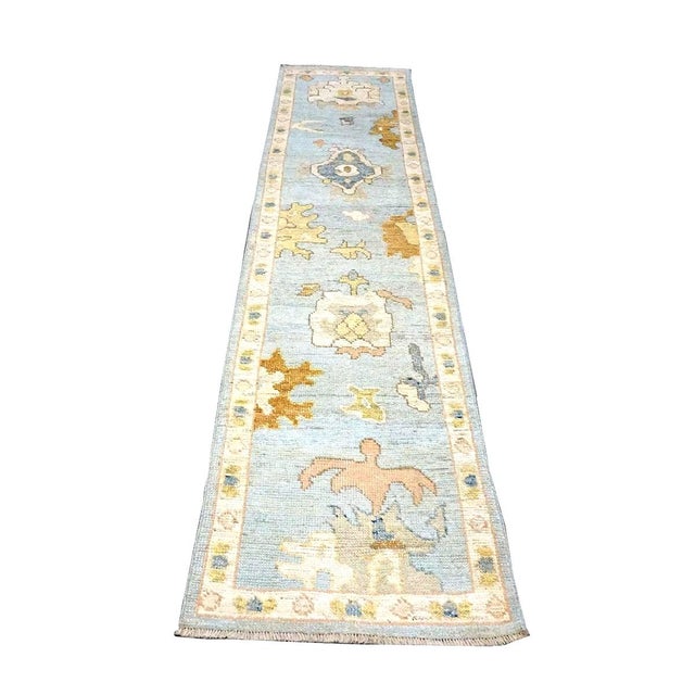 Textile 21st Century Turkish Oushak Wool 2x10 Light Blue, Yellow & Ivory Handmade Runner Rug #1144116 For Sale - Image 7 of 11